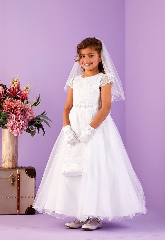 2025 Heidi White Holy Communion Dress with Embroidered Bodice and Beaded Waistband.