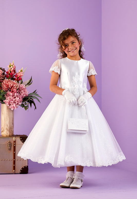 2025 Arabella White Cap Sleeve Holy Communion Dress with Decorated Guipure Detail