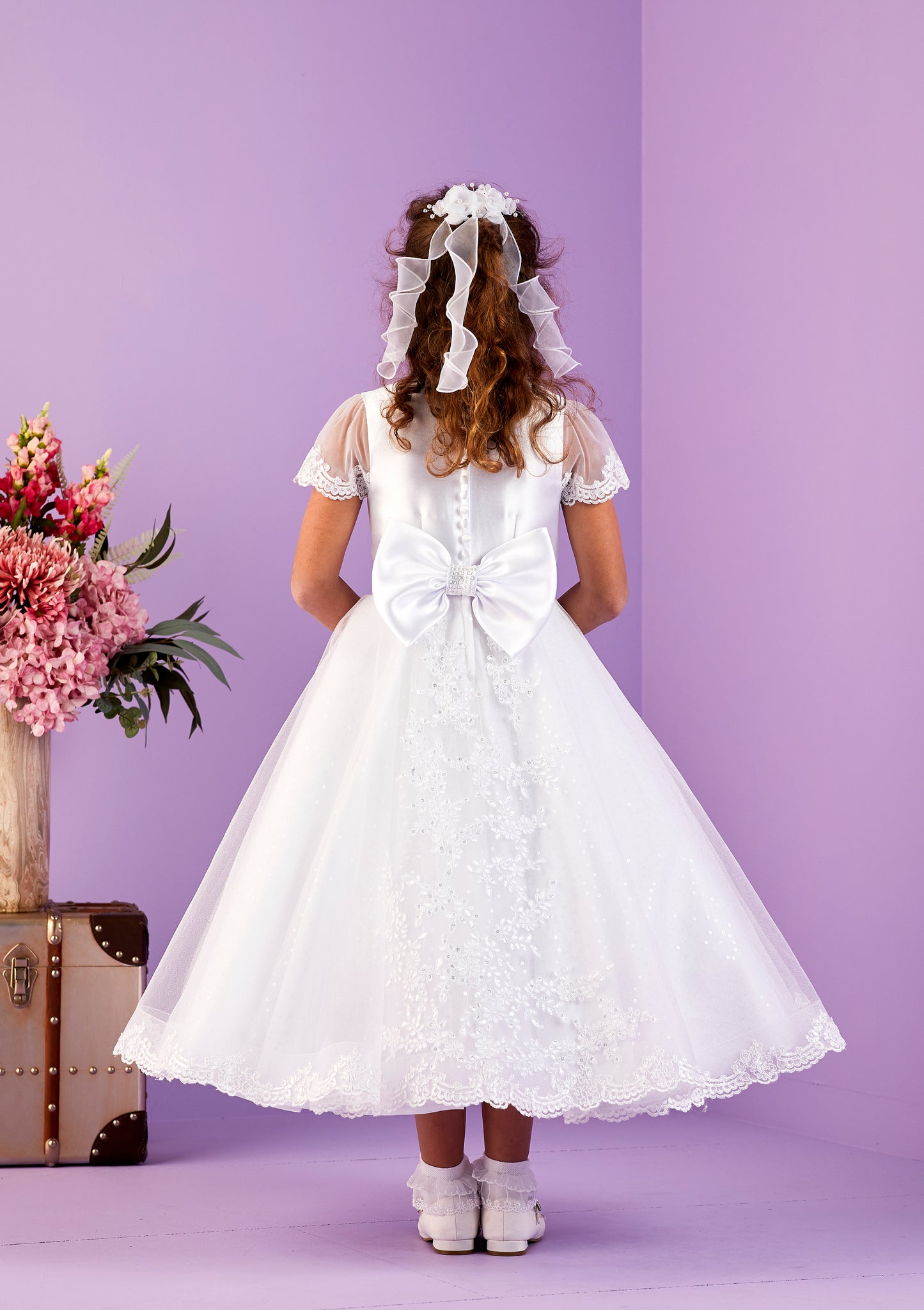 2025 Arabella White Cap Sleeve Holy Communion Dress with Decorated Guipure Detail