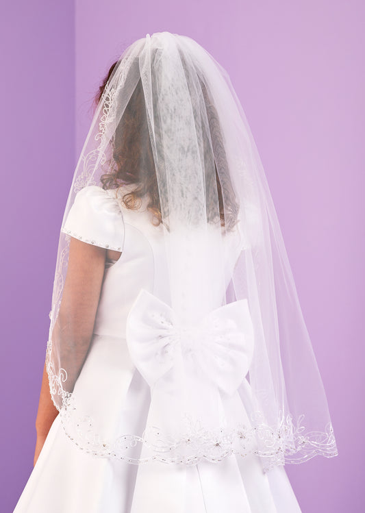 Ashley Long White Chainstitch Veil with Beaded Detail