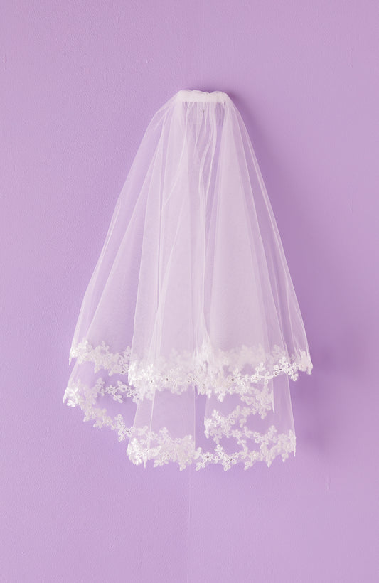 Valerie White Holy Communion Veil with Lace and Sequin Trim