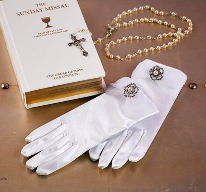 Dora White Communion Gloves with Diamante Flower