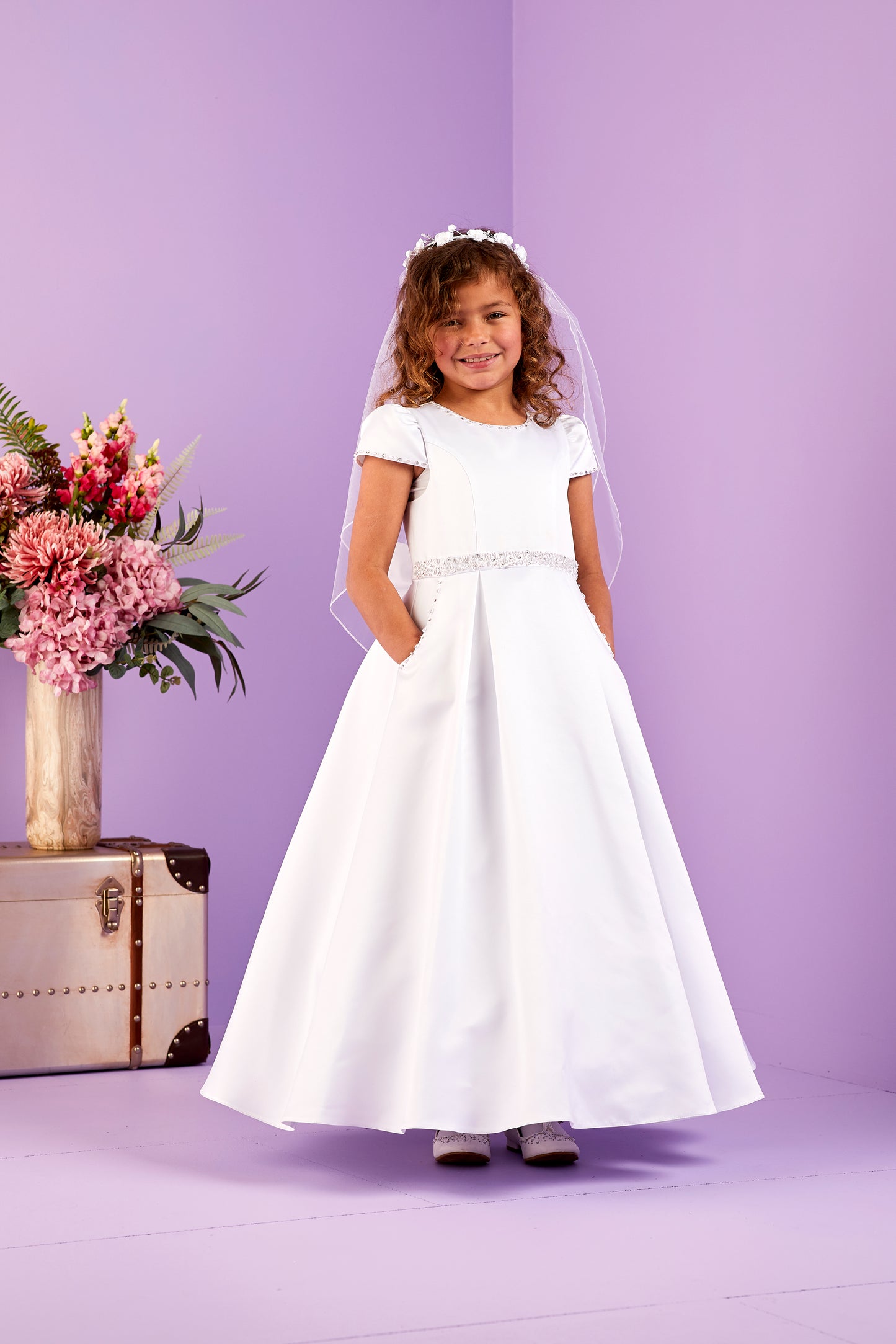 2025 Lucia A-Line Communion Dress with Beaded Pockets and Waistband